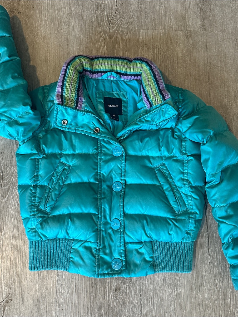 Gap Kids Teal Blue Quilted Puffer Winter Jacket with Striped Knit Collar Size XS